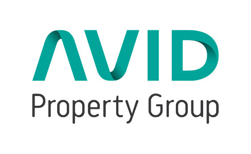 Logo for AVID Property Group. The word "AVID" is in bold, teal capital letters with stylized curves, and "Property Group" appears below in a smaller, black rounded font. The background is white.