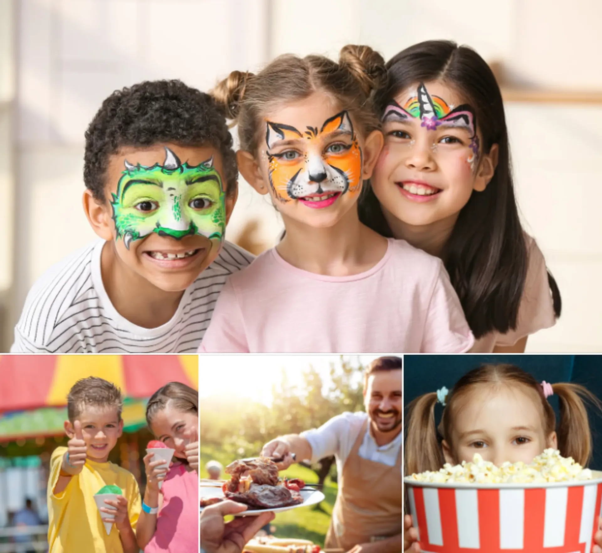 Three smiling children with colorful face paint, two boys holding ice cream cones, a man serving grilled food outdoors, and a girl holding a large bowl of popcorn.