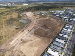 Aerial view of suburban housing development construction site